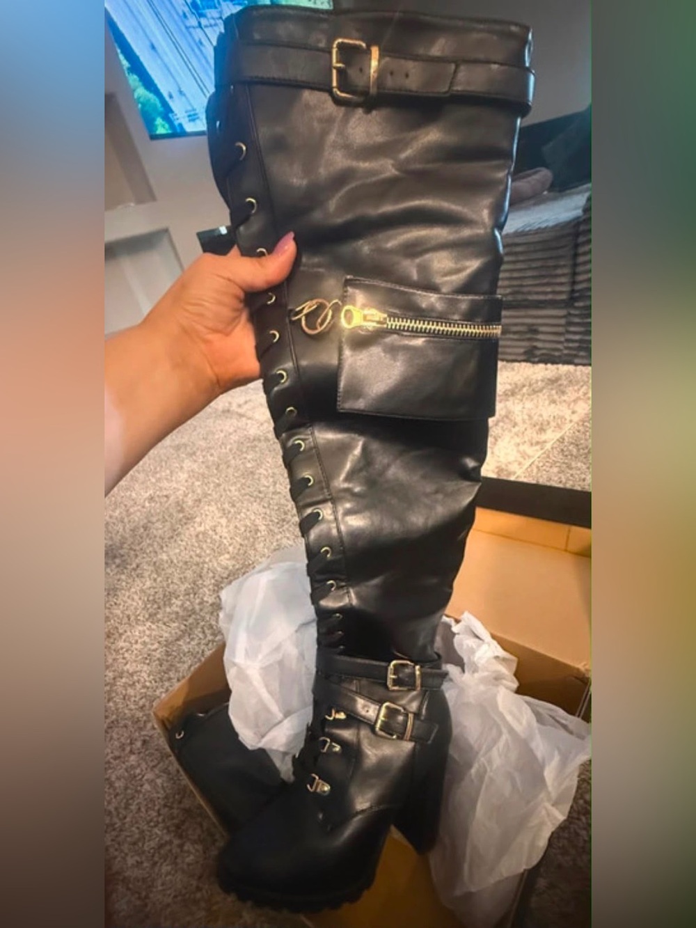 Shoe Dazzle Black Over-the-Knee Lace-Up Boots with Gold Accents